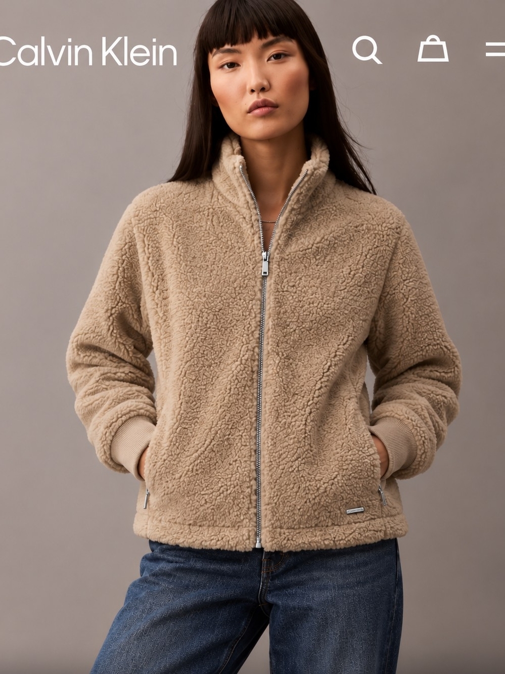Calvin Klein Women's Teddy Zip-Up Jacket in Taupe